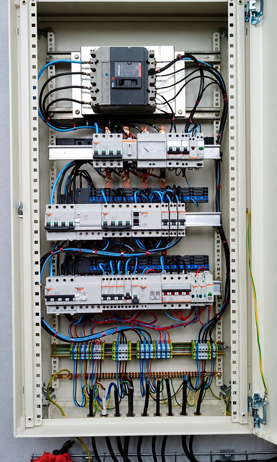 Armoire électrique ouverte montrant un disjoncteur principal, plusieurs rangées de disjoncteurs modulaires et des câbles bleus et noirs soigneusement raccordés.