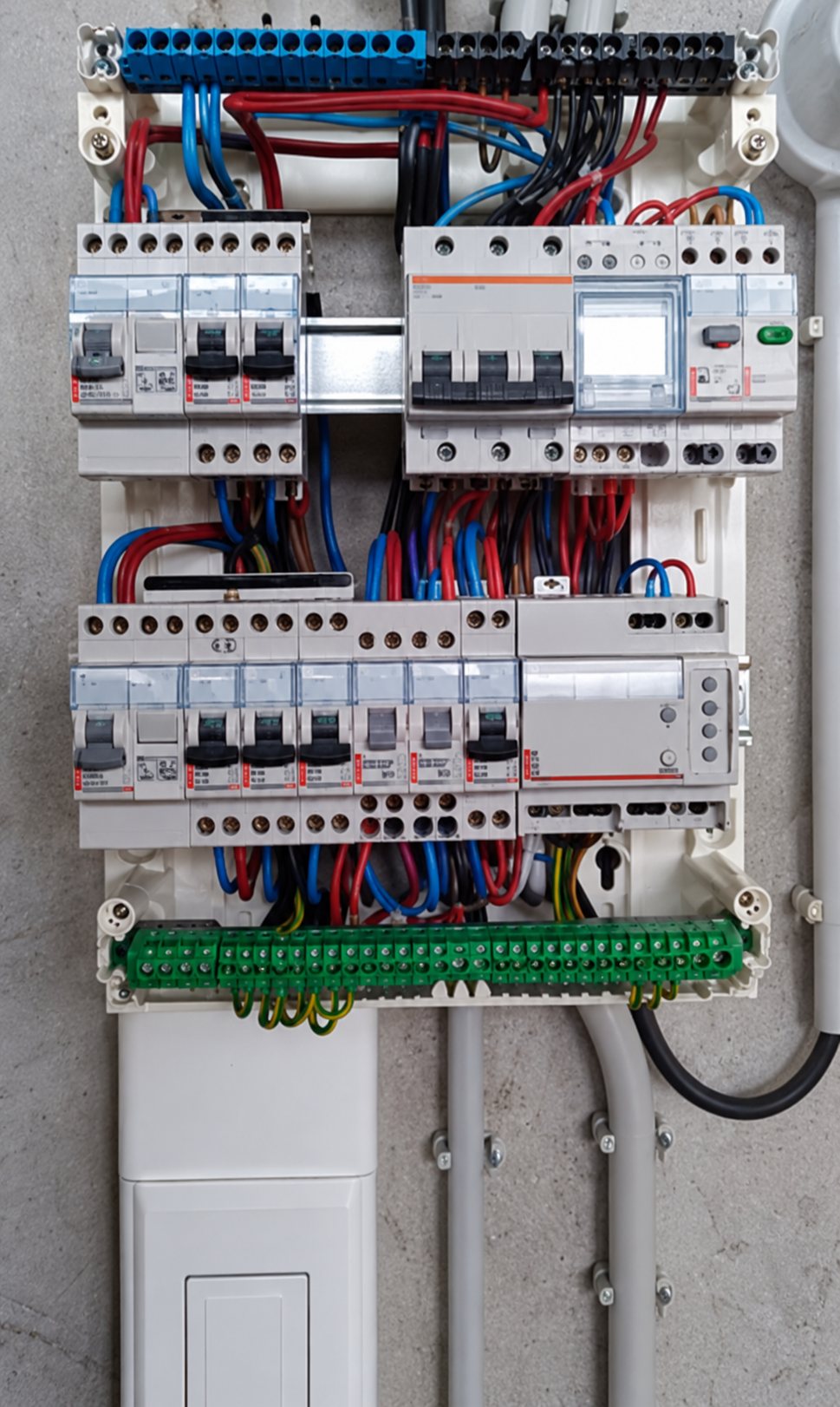 Gros plan sur un tableau électrique ouvert montrant plusieurs rangées de disjoncteurs, des fils bleus, rouges et noirs et une barrette de terre verte.